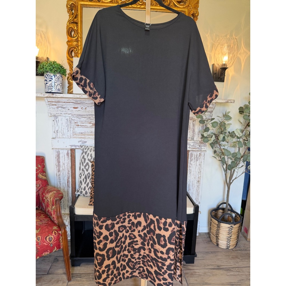 Emery Rose Black Leopard Print Contrast Short Sleeve Maxi Dress Large